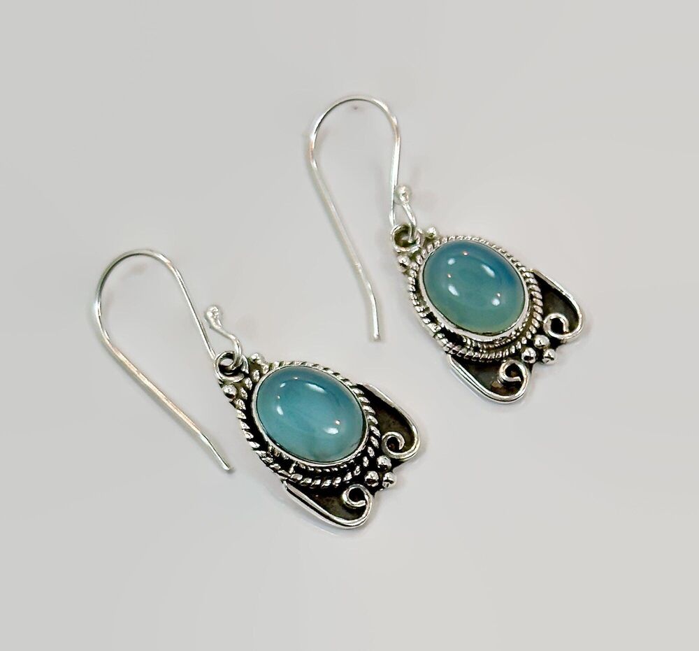 Chalcedony Earrings, Sterling Silver, Pierced, Blue Stone, Dangles, Ear Wires